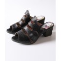 TMA EYES & MAiA Women Hollow-out Printed Leather Sandals Spliced Mid-Heeled Sandals