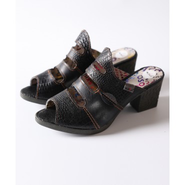 TMA EYES & MAiA Women Hollow-out Printed Leather Sandals Spliced Mid-Heeled Sandals