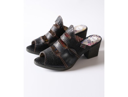 TMA EYES & MAiA Women Hollow-out Printed Leather Sandals Spliced Mid-Heeled Sandals