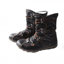 TMA EYES Snake-Embossed Leather and PU Upper Faux Fur Lining Short Flat Boot for Women