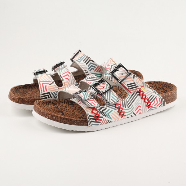 TMA EYES Women's Hand Sewing Summer Open-toe Insole Sandals Fashion Striped Printed Leather Adjustable Casual Slippers