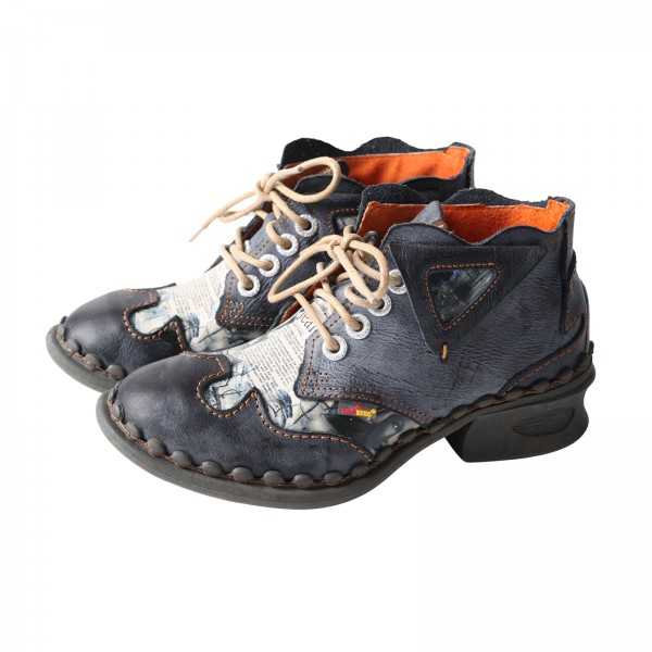 TMA EYES Leather Women's Ankle Boots Shoes for Outdoor,Medium heel, Floral Newspaper Printed Leather Material