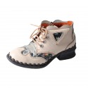 TMA EYES Leather Women's Ankle Boots Shoes for Outdoor,Medium heel, Floral Newspaper Printed Leather Material