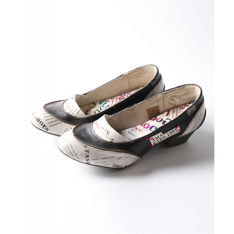 TMA EYES Patchwork Newspaper Printed Leather Low-Heeled Women Shoes TMA EYES Patchwork Newspaper Printed Leather Low-Heeled Women Shoes