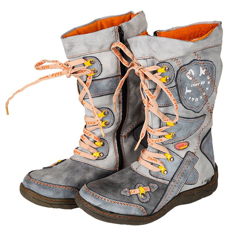 TMA EYES Patchwork Stitch-Detail PU Leather Mid-Calf Women's Boot