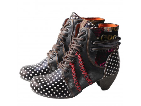 TMA EYES Polka Dot LEather Women Boots With Moccasin Hand Stitching