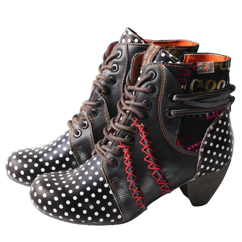 TMA EYES Polka Dot LEather Women Boots With Moccasin Hand Stitching